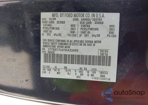 2000 Ford F-150 Lariat/Work Series/Xl/Xlt from USA, damaged, VIN 1FTRX17L0YKA33492